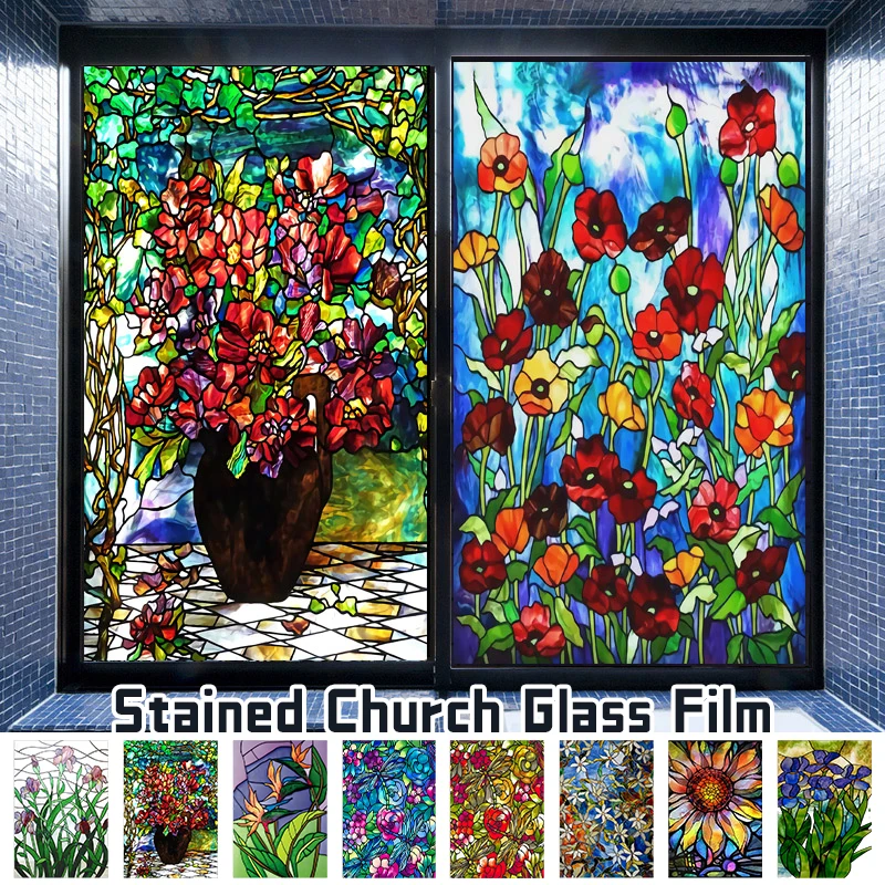 Retro Art Stained  Flower Magnolia Glass Stickers Stained Window Films Home Decor Static Cling Opaque Frosted Privacy Glass Film