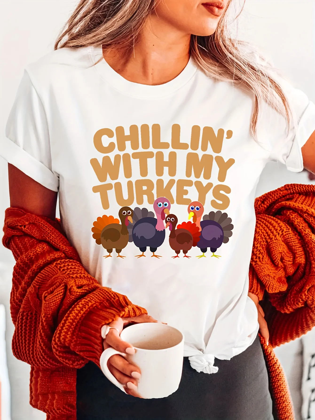 Women Crew Neck T‑Shirt, Thanksgiving Day Graphic Short Sleeve Tee, Casual Holiday Daily Wear Top