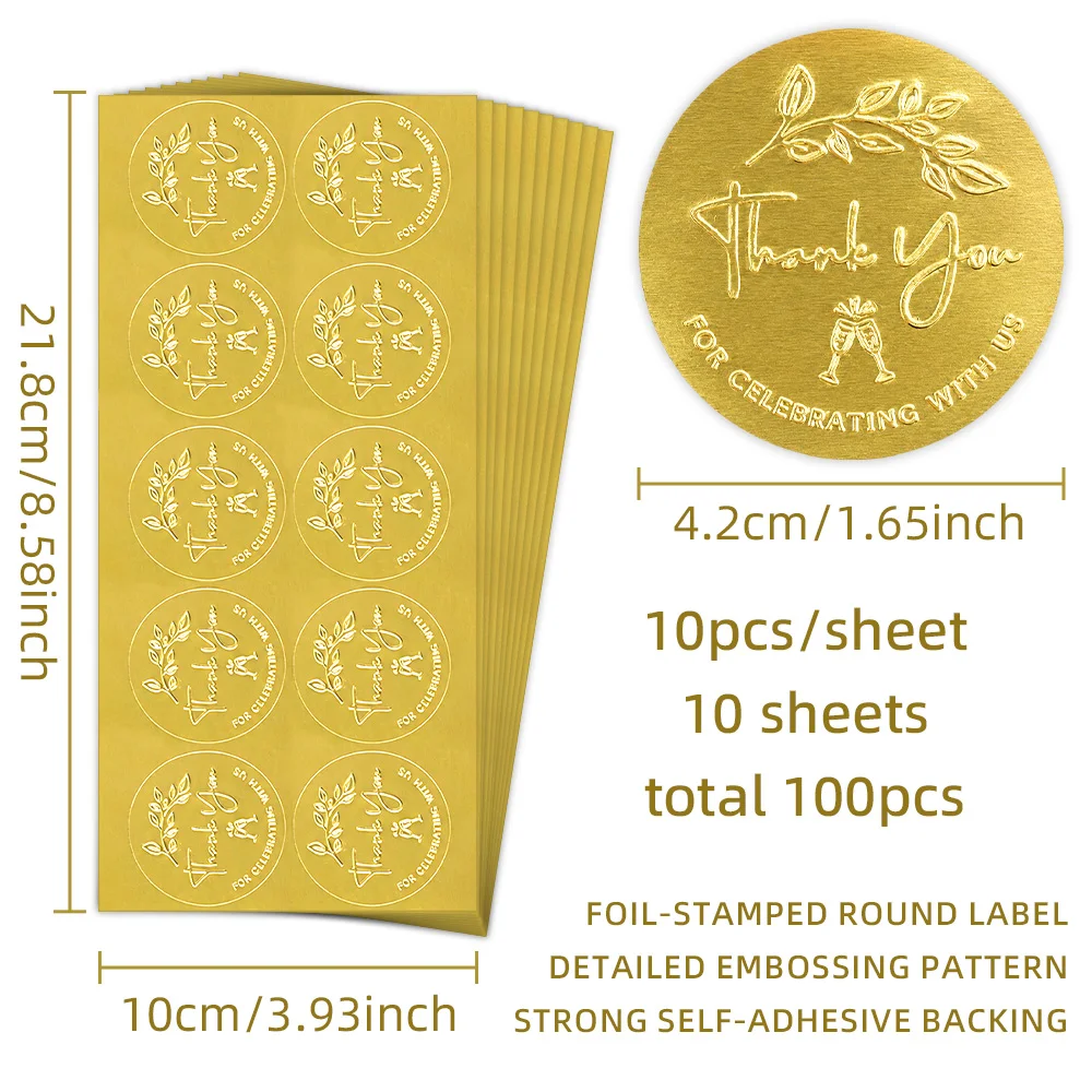 100PCS Thank You for Celebrating with Us Stickers, 10sheets Gold Foil Labels for Wedding Party Favor Bags,Baby Shower Decoration view 4