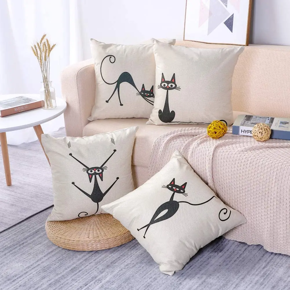 ปลอกหมอนอิงแมวดำวินเทจปลอกหมอนผ้าลินินสำหรับห้องนั่งเล่นโซฟาห้องนอนรถยนต์ตกแต่งบ้าน40X40 45 50X50 60x60