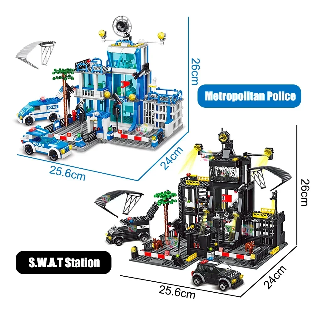 Ensemble de modèles de station de police militaire SWAT, voiture de prison, bateau de policier, figurines de blocs de construction modèles, jouet de bricolage pour enfants, cadeaux pour garçons