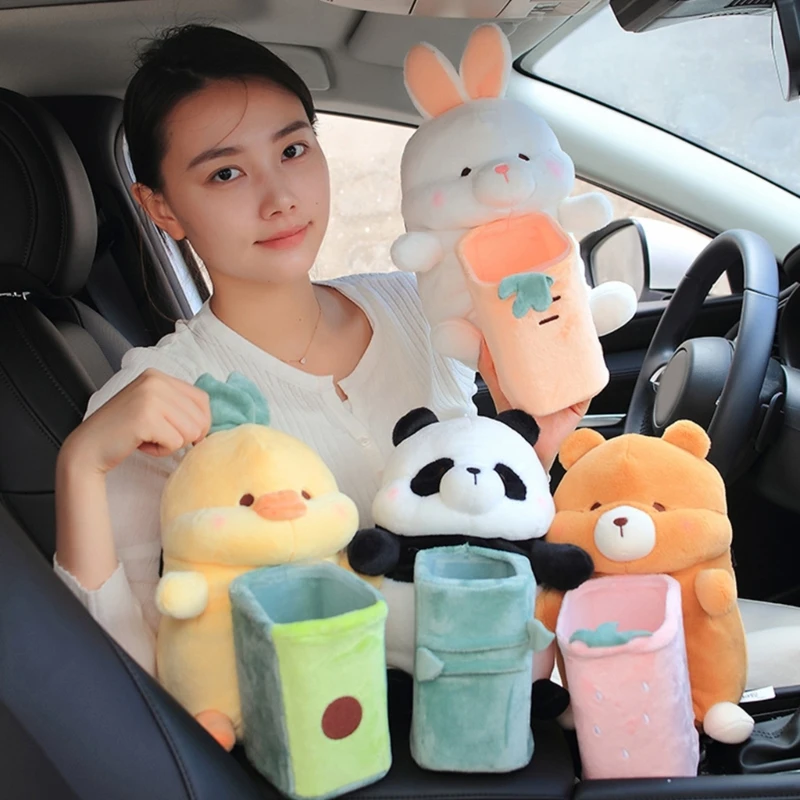 Cute Animal Shape Plush Tissue Box Multifunctional Car Interior Tissue Case Wipe Dispensers Garbage Waste Box Trash Bin Bucket