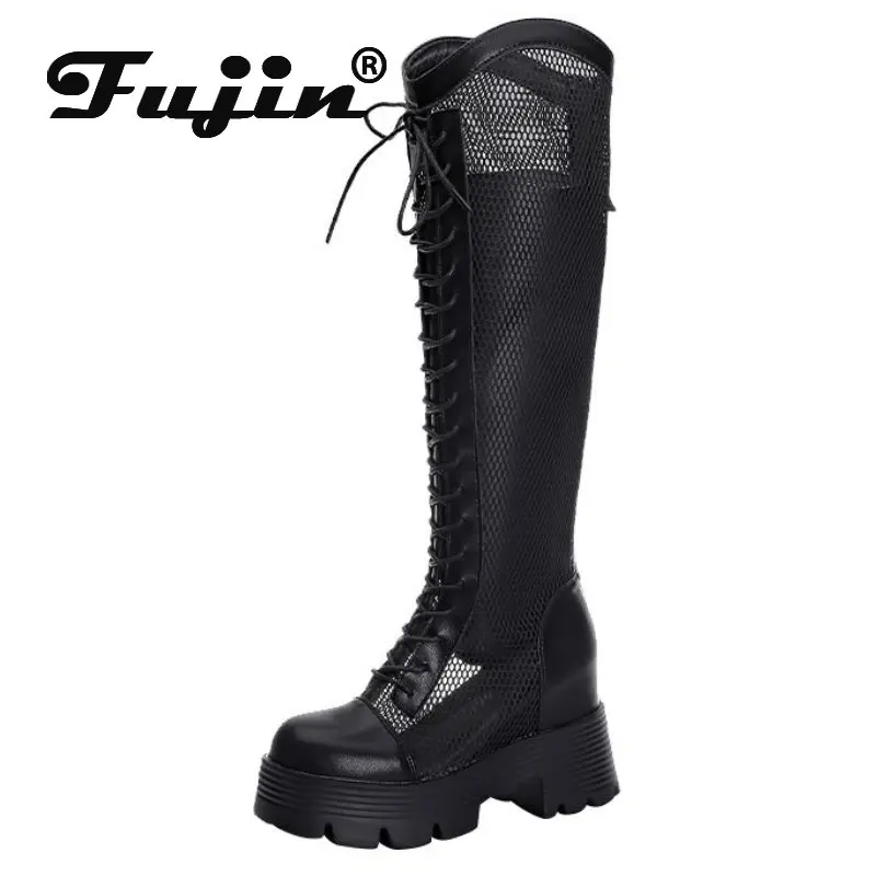 

Fujin 10cm New Air Mesh Mid Calf Thick Heels Boots Motorcycle Platform Wedge Fashion Knee High Booties Summer Hollow Women Shoes