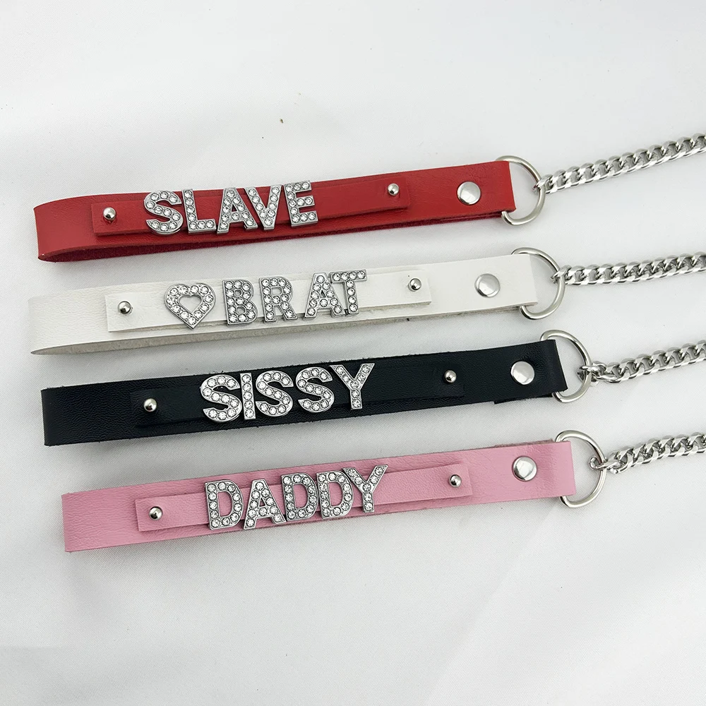 Rhinestone  Slave Leash Custom Sexy Goth Bondage Crystal Letter Name Collar Chain Cosplay Accessory