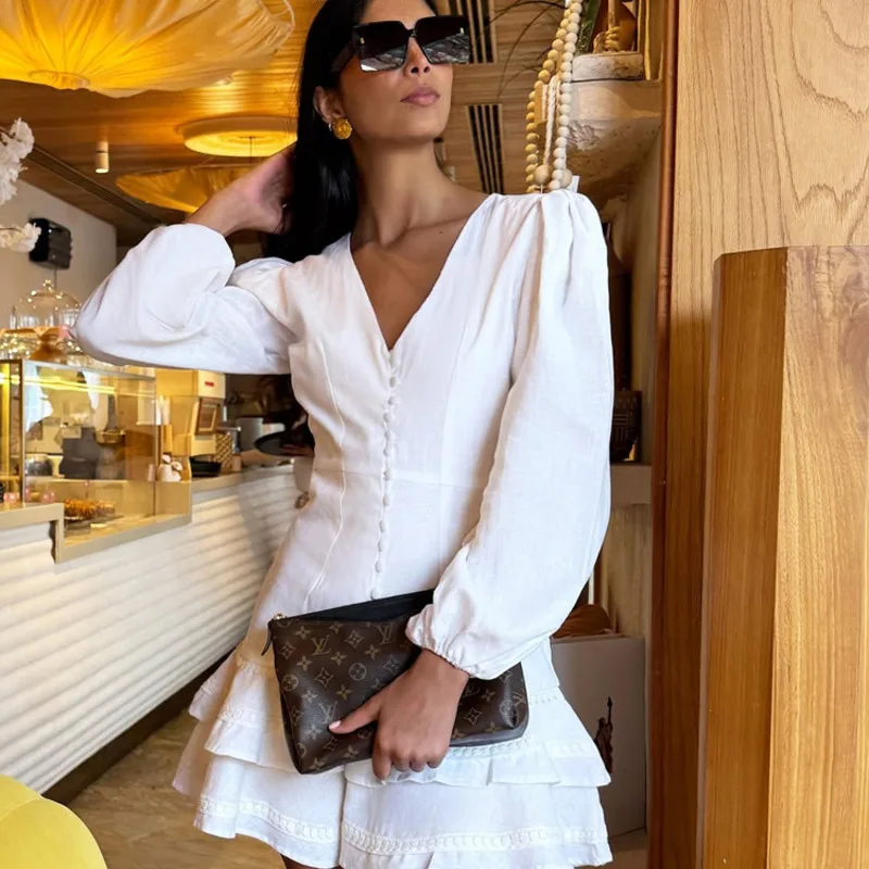 

Elegant Solid Color V Neck Single Breasted Dress Classic High Waisted Long Sleeved Pleated Skirt Fashion Women Cotton Mini Skirt