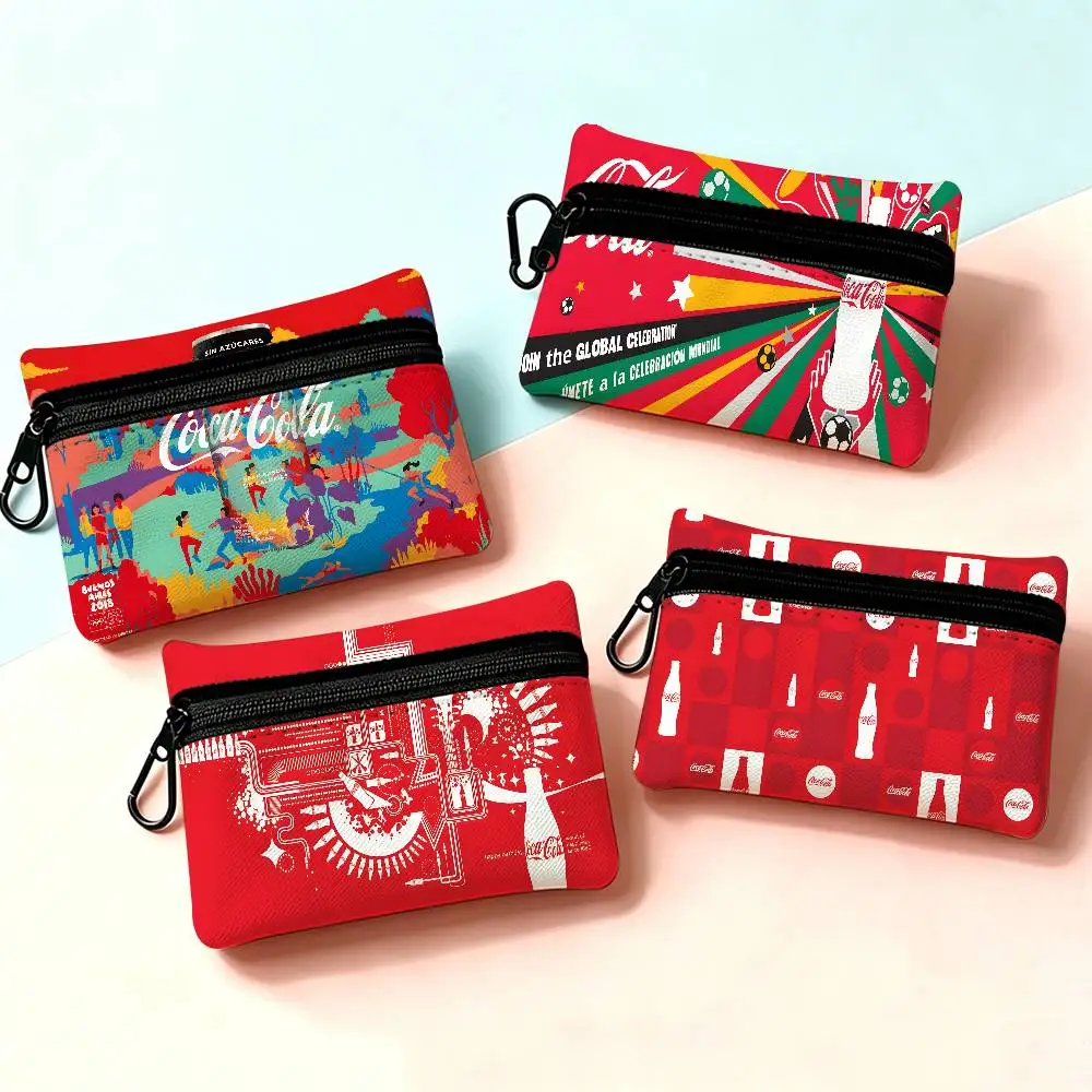 C-Coca Cola Logo Portable Oxford Fabric Mini Wallet Carabiner Design Small Coin Bag For Cards Keys Earphones