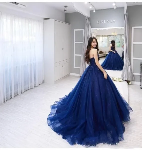 Glittering Navy Blue Sweetheart Ball Gown Quinceanera Dresses Vestidos De 15 Anos Appliques Court Train Princess Birthday Party