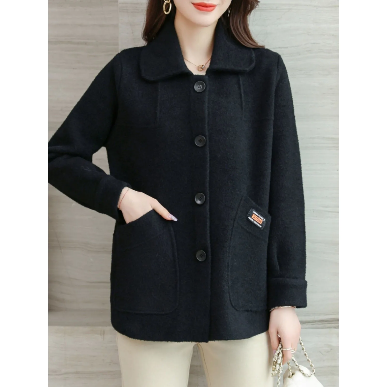 Women Short Wool Jacket New Spring Autumn Korean Loose Double-sided Woolen Coat Middle Aged Elderly Mother Cardigan Overcoat