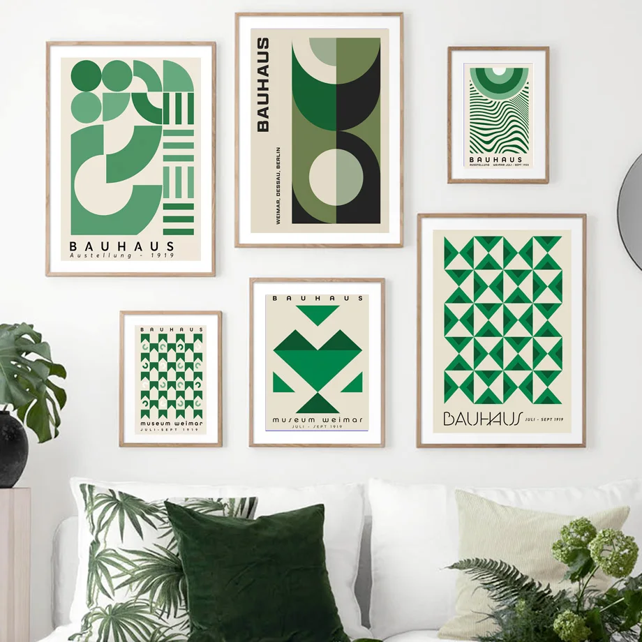 Green Bauhaus Geometric Wall Art Prints Canvas Painting Boho Abstract Exhibition Nordic Poster Wall Pictures Living Room Decor