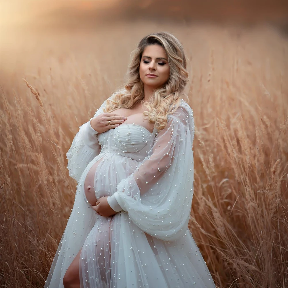 Maternity Photography Props Dress Dense Pearl White Yarn Maternity Photography Clothing Babyshower Gown Photo Shoot Pregnant