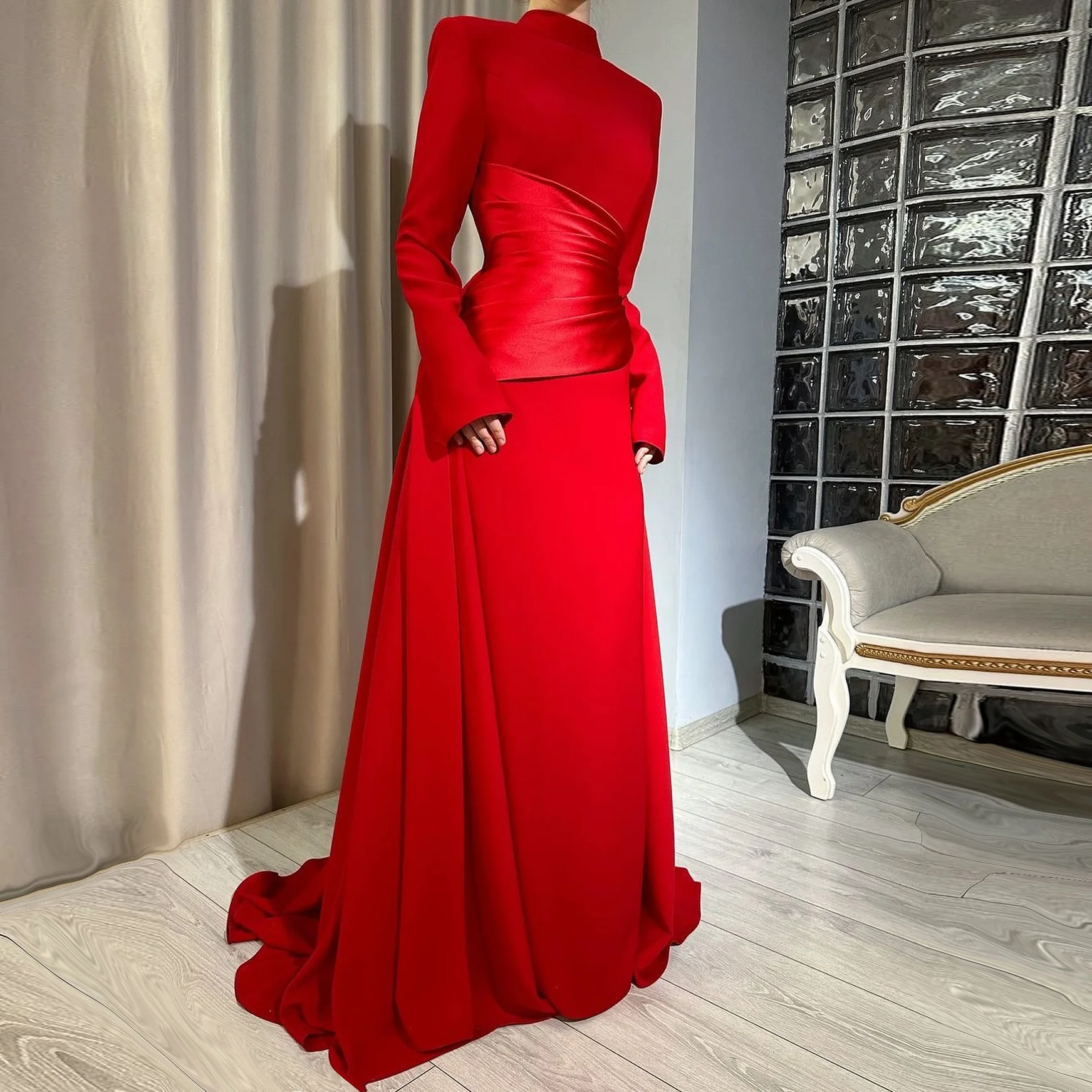

Sharon Said Dubai Red Overskirt Evening Dress with High Neck Long Sleeve Pleats for Woman Wedding Prom Gown SF223 Customized