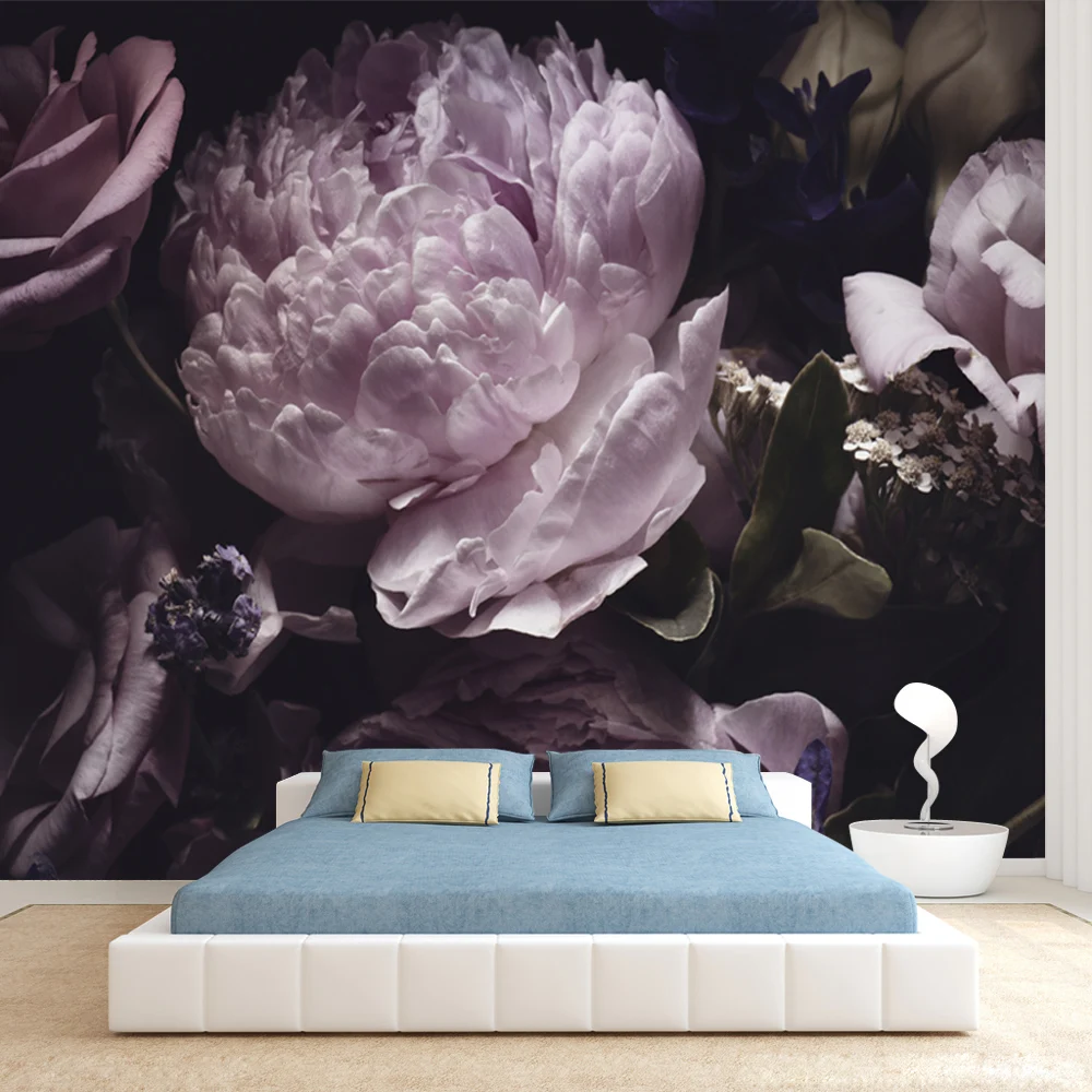 

Custom Self Adhesive Accept Peony Floral Wall Covering Papers Home Decor Raw Rolling Wallpapers for Living Room Girl Mural Print