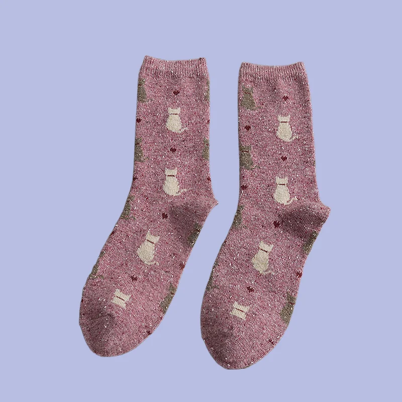 Chaussettes à tube moyen de haute qualité pour femmes, chaussettes empilées rétro, confortables, respirantes, chaudes, dessin animé mignon chat, 5/10 paires