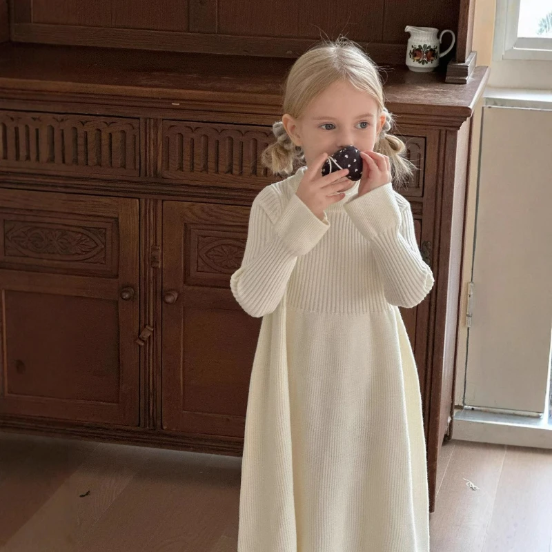 

Cotton-domi Girls' Knitted Dress, Autumn and Winter Children's Woolen Dress, Versatile Princess Basic Skirt for Kids