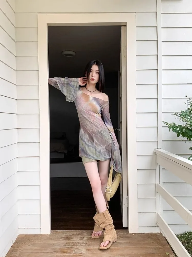 Tie-dye Rosa Druck Oansatz T-shirt Für Frauen Mesh Langarm Slim Fit Tops Mujer 2025, Sommer Neue bodenbildung T Shirt