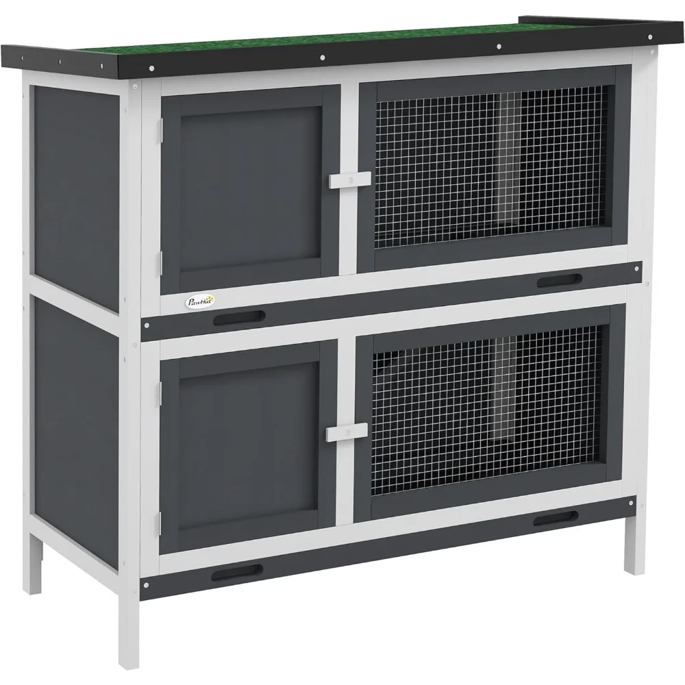 

Wooden Bunny Rabbit Hutch, Small Animal Habitat with Ramp, Removable Tray & Weatherproof Roof, Indoor/Outdoor, Grey