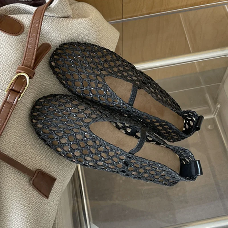 

Aneikeh Summer Breathable Weave Mesh Mary Jane Flats Women Hollow Out Mesh Ballet Shoes Soft Round Toe Slip-on Casual Flat Shoes