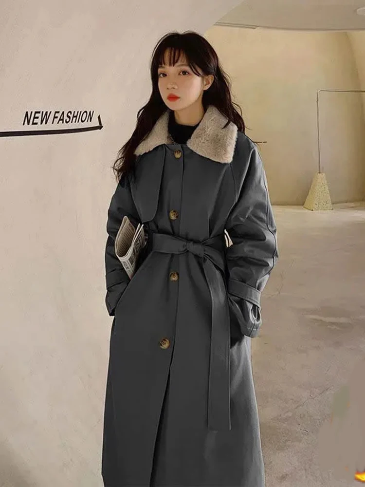 Lambwool Lined Long Parka Jacket Winter Wool Liner Fluffy Belt Parca Chaquetas Faux Fur Collar Thicken Snow Wear Jaquetas