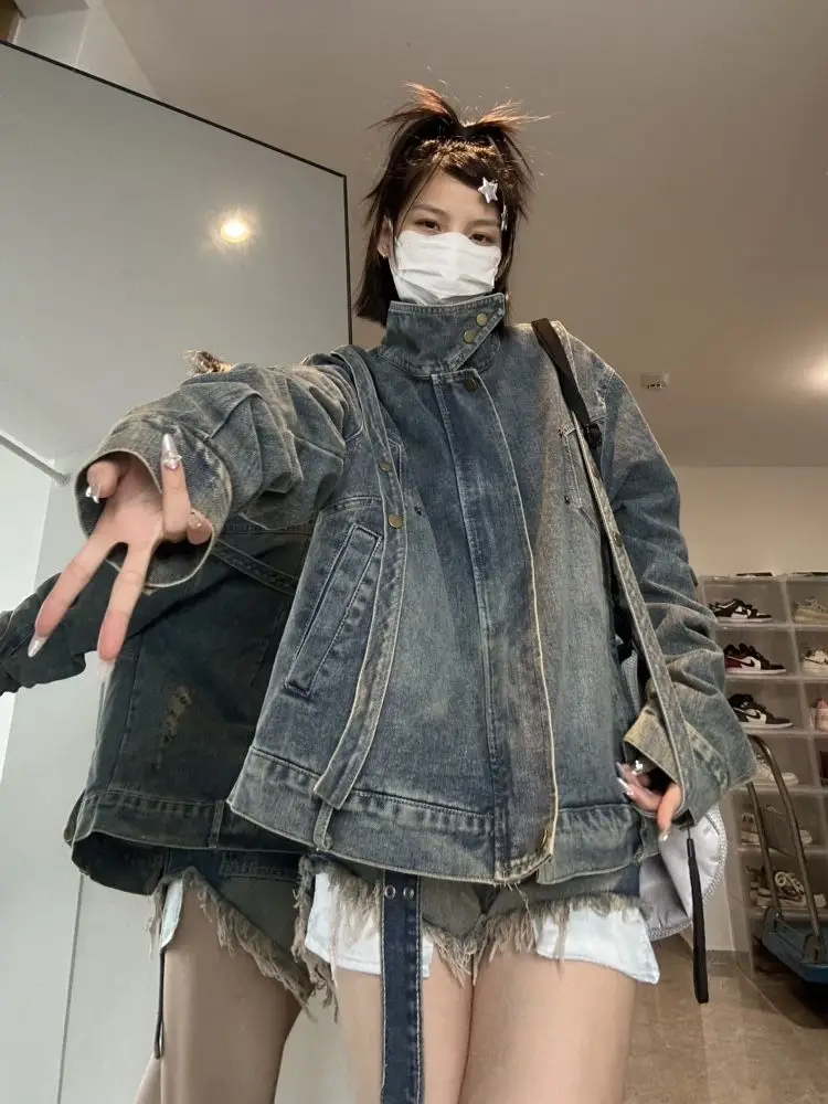 

Джинсовое пальто женское длинное женское летнее вязаное ультра-короткое пальто на шнуровке минималистичный легкий топ с рукавами-воздушными шарами и карманами в стиле хип-хоп