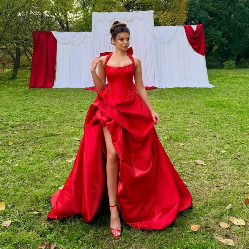 

Thinyfull Red Long A-Line Prom Evening Dresses Saudi Arabia Halter Backless Party Dress Night Cocktail Prom Gowns Customized