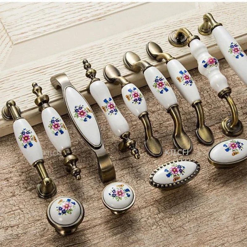Flower Home Improvement Furnitur Cabinet Handl Ceramic Closet Handle European Style Ivory White Handle Hardware