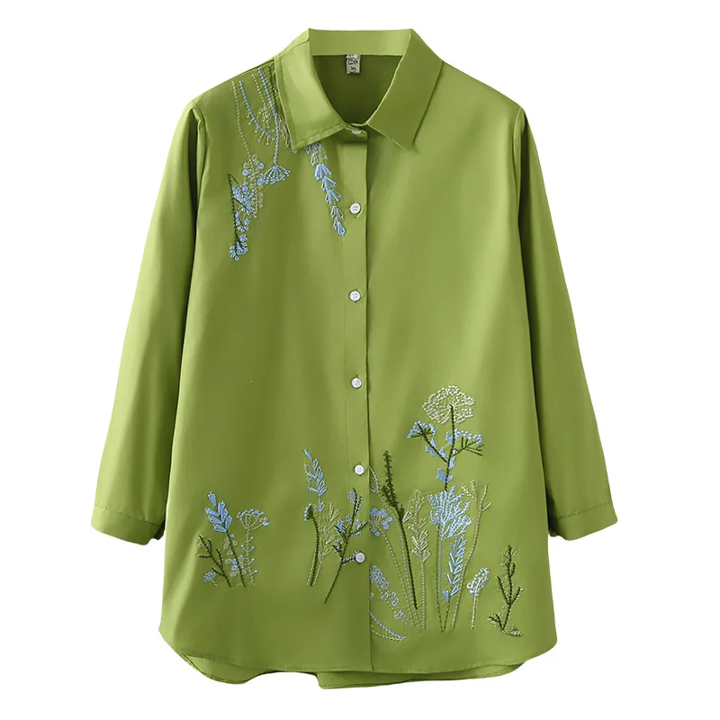 Plus Size Women's Blouses Autumn New mid-length Lapel Embroidered Flower Long Sleeve Cotton Shirt 5229