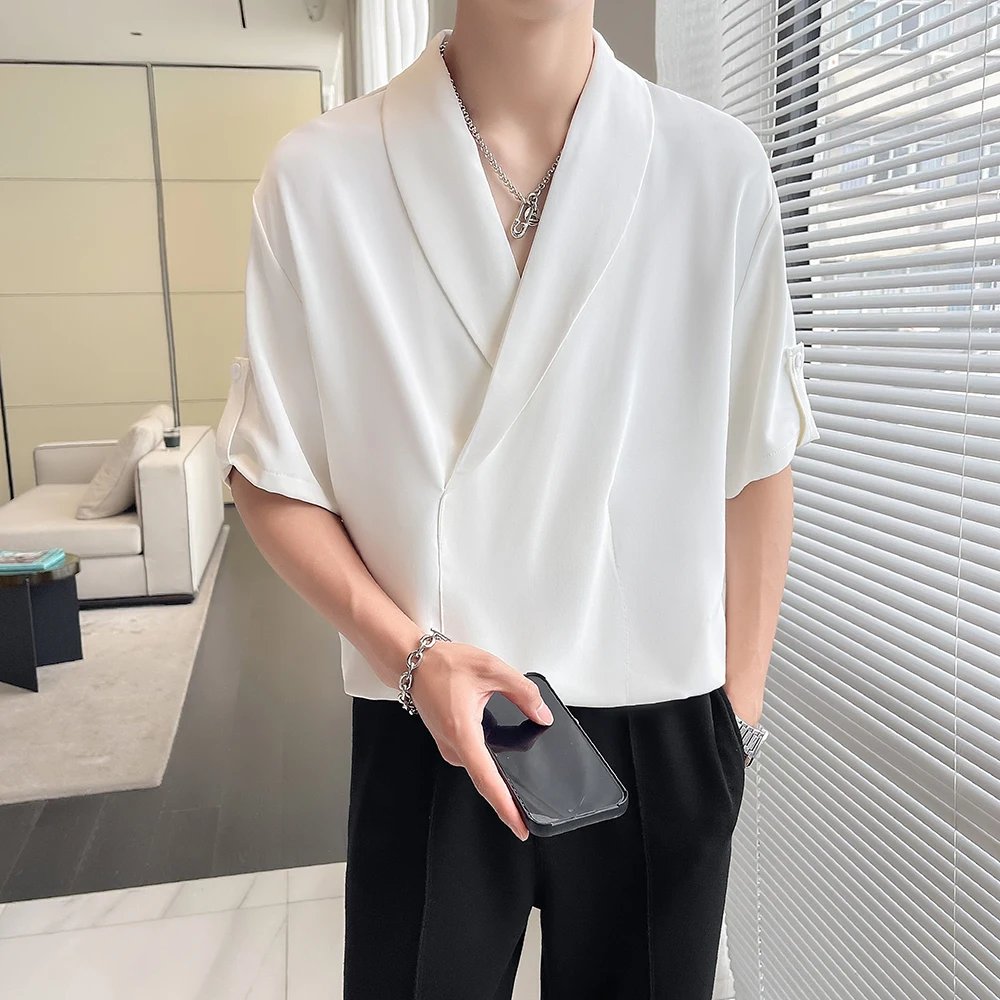 Solid Color Men Apple Collar T Shirt Unique Design Streetwear Fashion Casual Top Trendy Street Performance Tee Comfort Urban