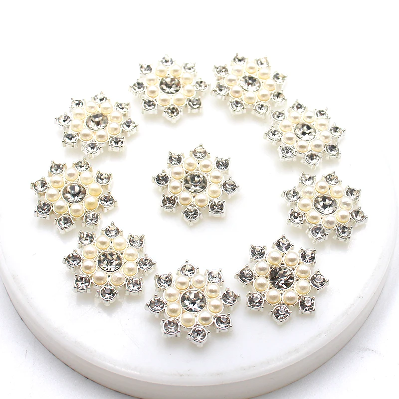 Fashion 10 Pieces 25mm Round Flower Alloy Shiny Rhinestone Pearls DIY Creative Clothing Bow Hair Accessories Jewelry Accessories