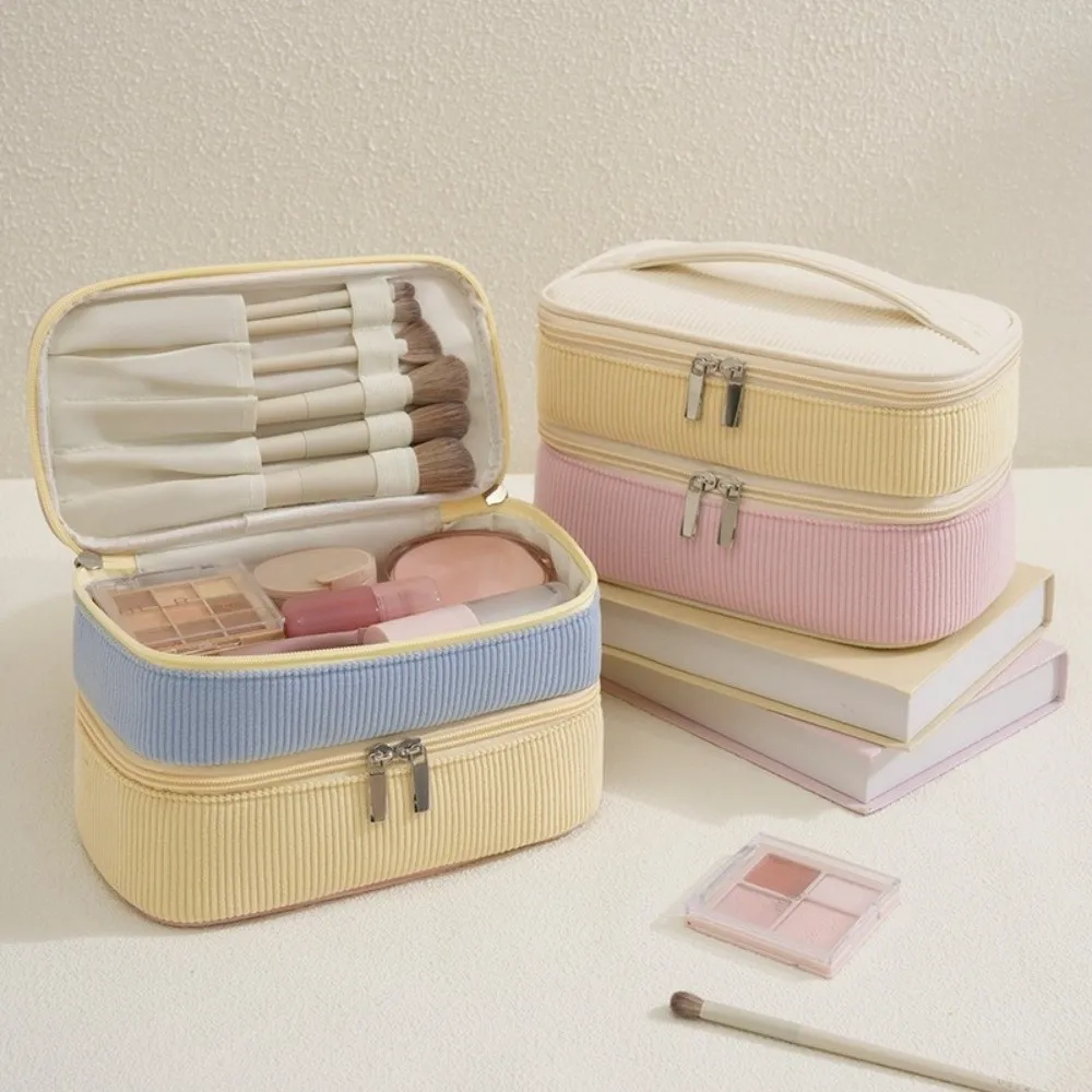 Zipper Closure Double-layer Storage Bag Large Capacity Portable Makeup Bag Handheld Soft Material Cosmetic Bag