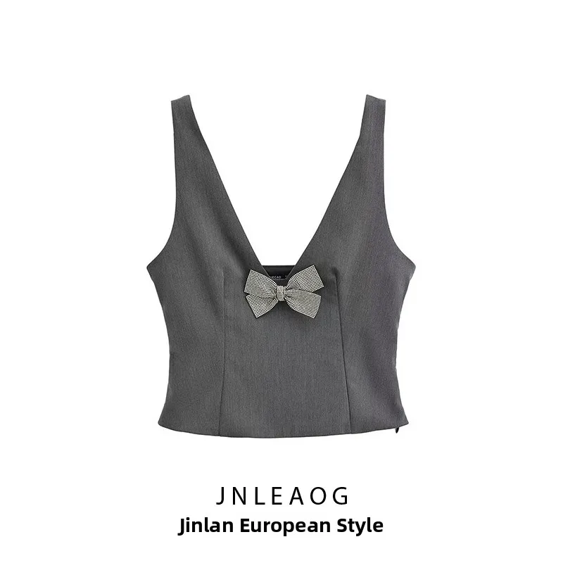 JNLEAOG printemps nouveau femmes Faion bijoux noeud haut taille haute gilet Dr Polyester Fiber Svel v-ne décontracté