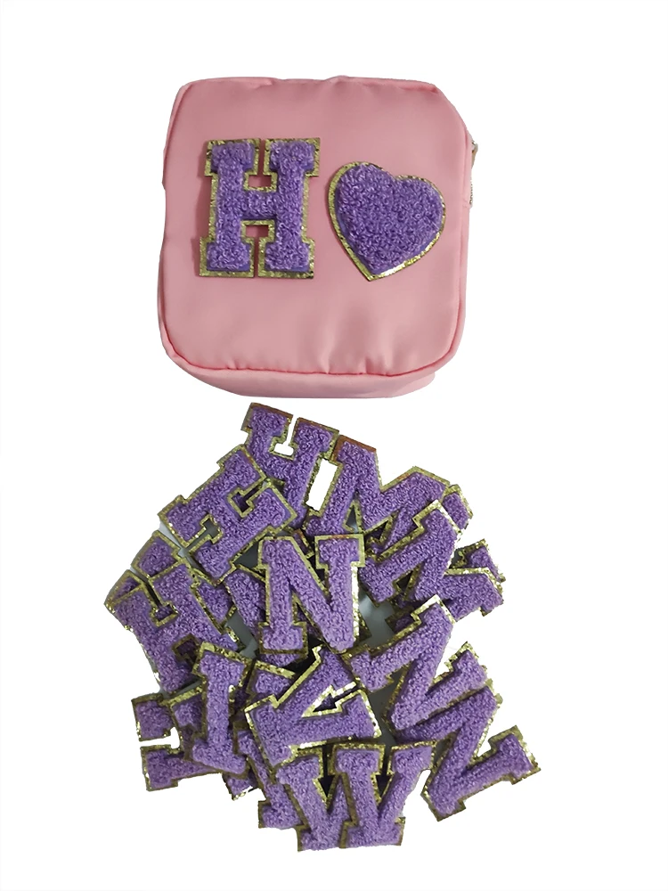 Purple Letters Sticker Patch Alphabet Towel Embroidered Chenille Patches for Clothing Bags Jacket Stick on Accessories Applique