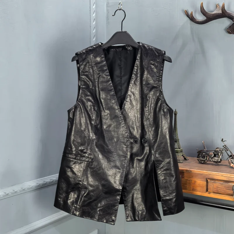 

Spring 2026 Women's Genuine Leather Vest Casual V-Neck Sheepskin Long Sleeveless Coat Loose Fit Outerwear Fashion Trend