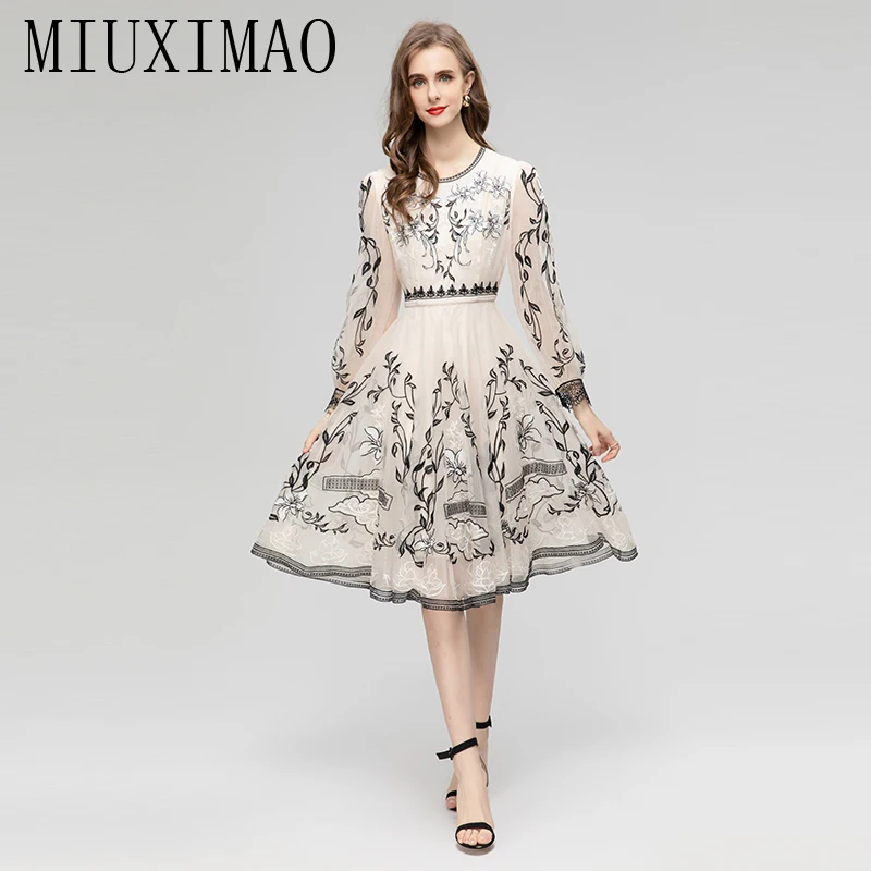 

MIUXIMAO 2023 Elegant and Pretty Women's Dresses Fashion Full Sleeve Court Retro Embroidery Gauze Dress Women Female Dress