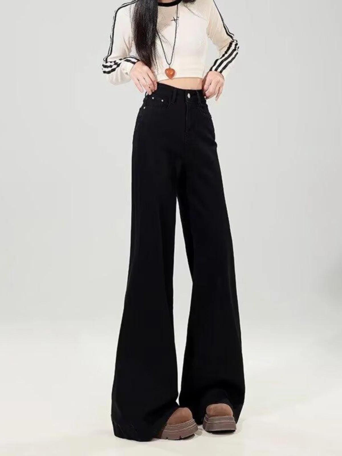 

High Waist Flared Jeans Women's Spring Autumn plus Size Wide Leg Pants Slimming Not Legging Floor Length Casual Cotton Stretch