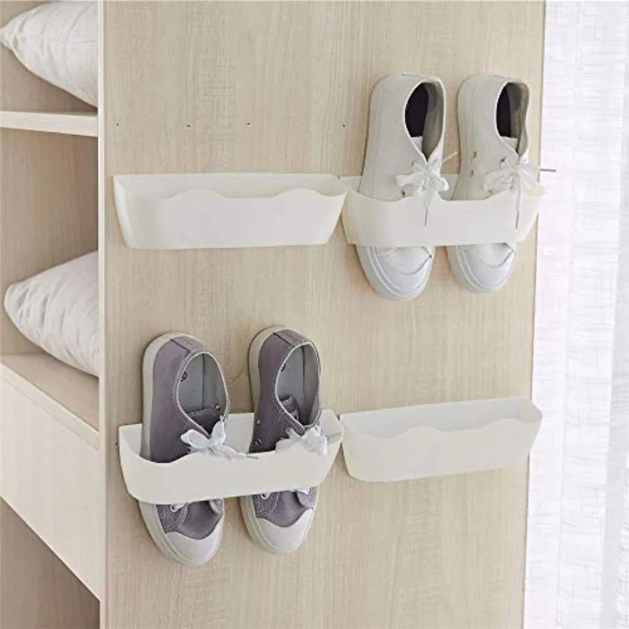 

Wall Mounted Shoes Rack 4pcs with Sticky Hanging Strips Plastic Shoes Holder Storage Organizer Door Shoe Hangers White SM02(4PC