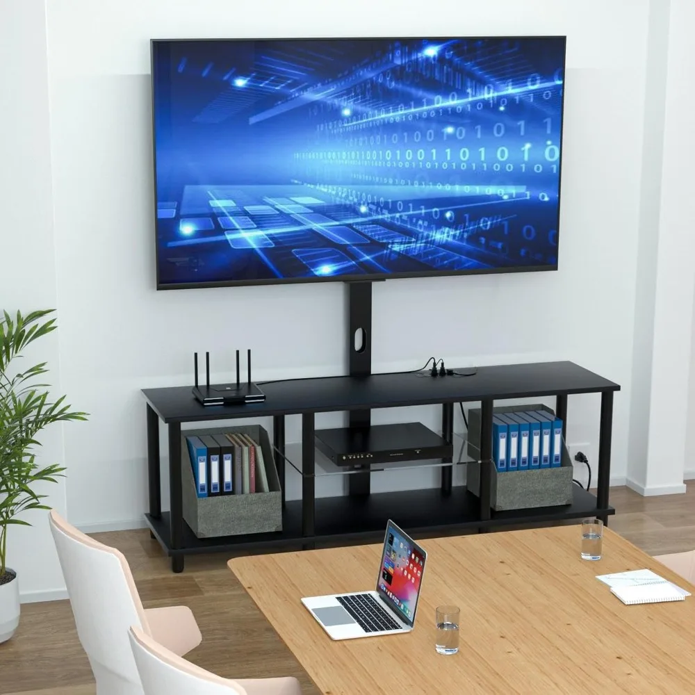 Centro de entretenimento preto com luzes LED e tomadas de energia para TVs de 32 a 70 polegadas