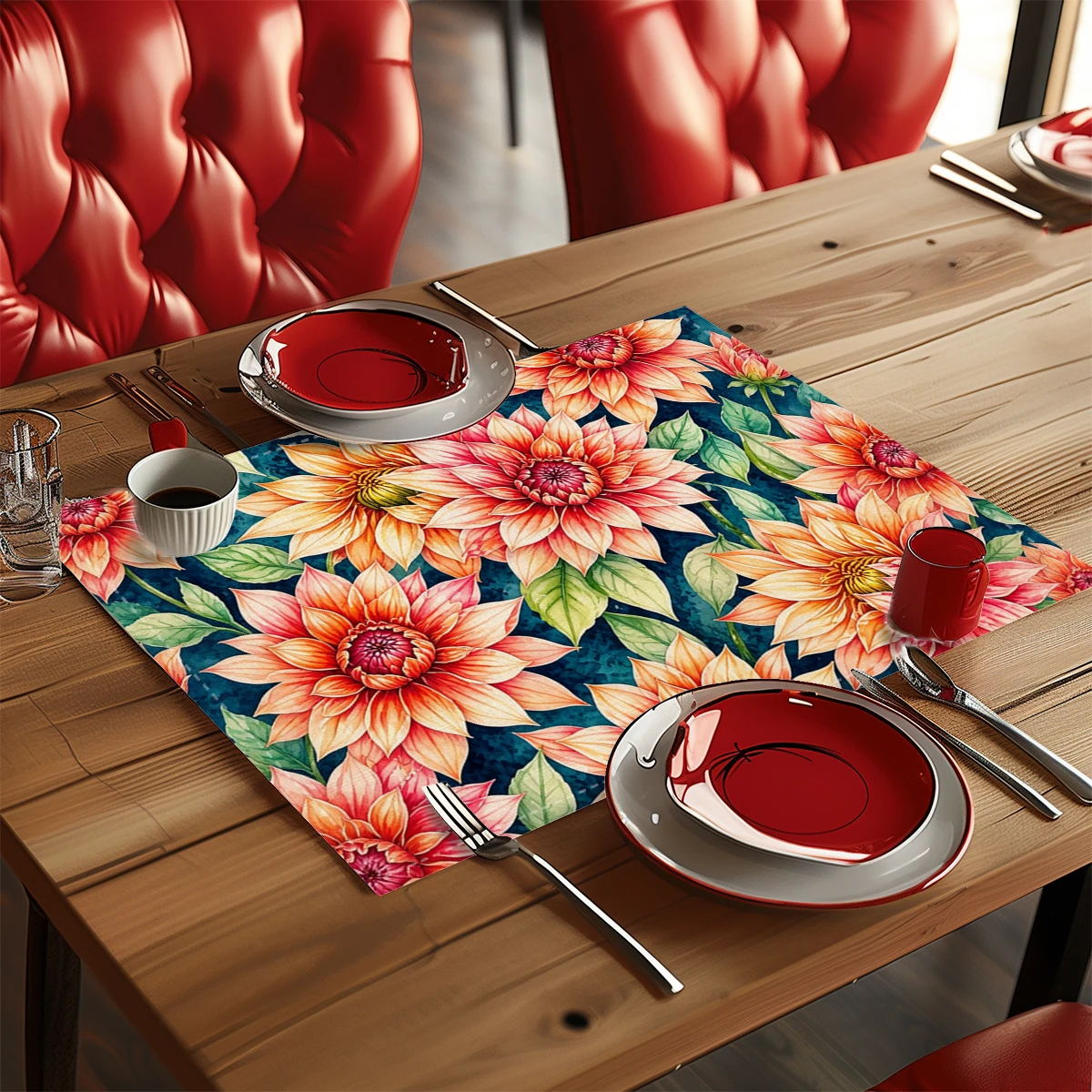 Vintage Mushroom & Floral Pattern Polyester Placemats & Coasters - Decorative Table Linens for Home Dining & Gathering