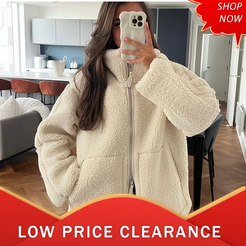 Woman Warm Elegant Pockets Short Lapel Jacket Solid Color Lamb Wool Turtleneck Coat 2024 New Winter Lady Commuter Streetwear