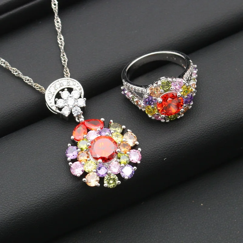 Silver Color Jewelry Set For Women Personalized Multicolor Cubic Zirconia Earrings Necklace Pendant Ring Bracelet Holiday Gift