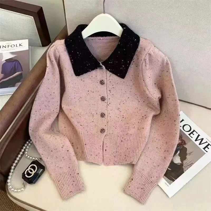 

Single breasted Contrasting color Lapel Sweater Coat For women Spring autumn Small Fragrance style Slimming Knitted Cardigan