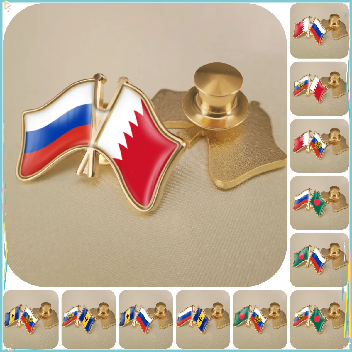 Russian Federation and Bahrain Bangladesh Barbados Double Crossed Friendship Flags Brooches Lapel Pins Badges