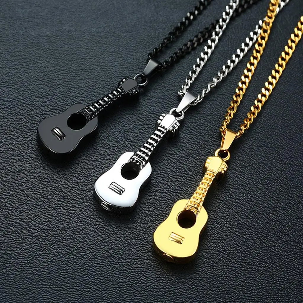 Titanium Steel Guitar Ashes Urn Necklace Memorial Pendant Music Instrument Keepsake Locket Jewelry for Dad Mom Pet Loss