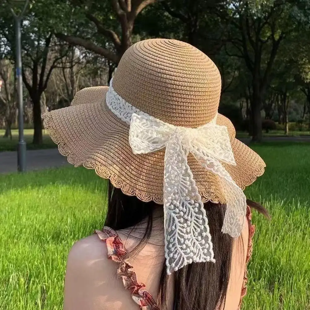 Straw Sun Hat Wavy Brim Sun Hat with Lace Bow Breathable Summer Straw Hat for Travel Foldable Portable Tulip Decor Beach Wide