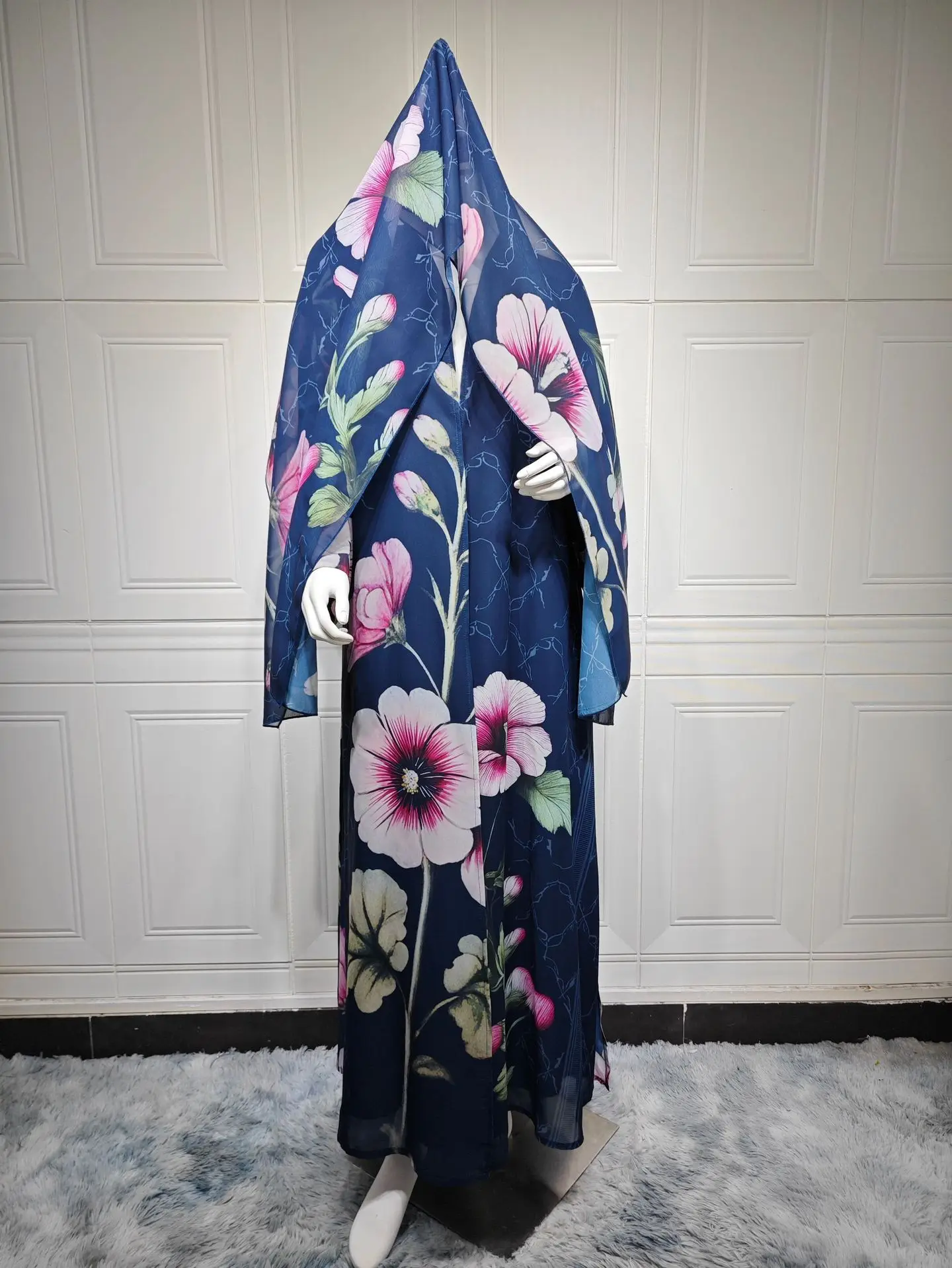 

UNI 2025 New Fashion Printed Open Abaya Modest Outer Women Robe with Headscarf Two-Piece Set Middle East Dubai Cardigan Abaya