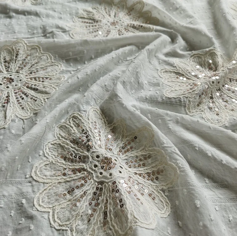 

Elegant Shiny 3D floral sequined embroidered jacquard polka dot pure cotton fabric for wedding dresses and women's apparel