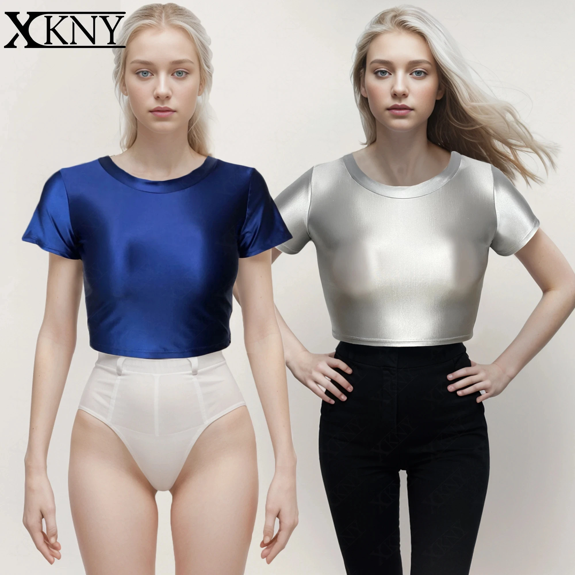 

XCKNY satin glossy top sexy short sleeve navel sports casual tights clothes slim hot spring smooth sexy Sports swim top