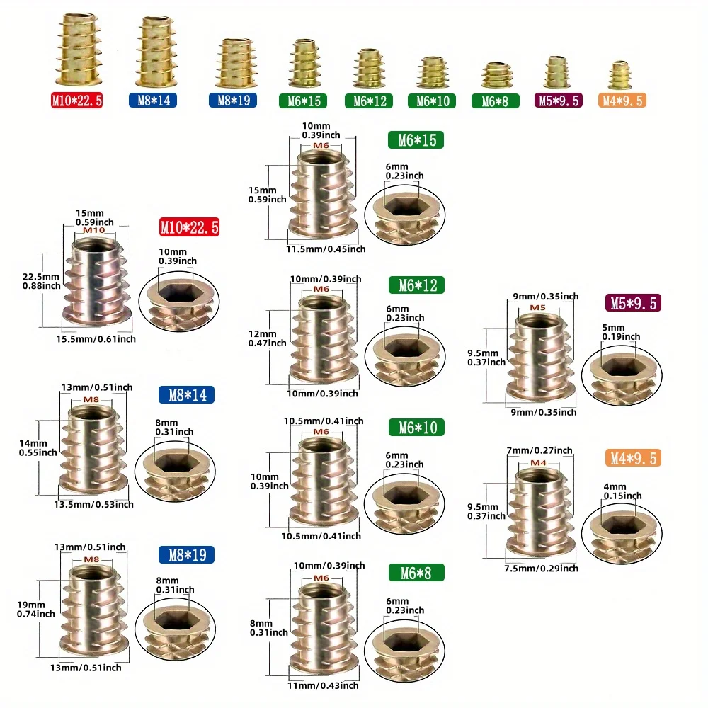 70/130 Gewindeeinsätze, Mutternkombinationswerkzeugsätze für Holzmöbel, Möbel aus Zinklegierung, Bolzenbefestigungsverbinder.