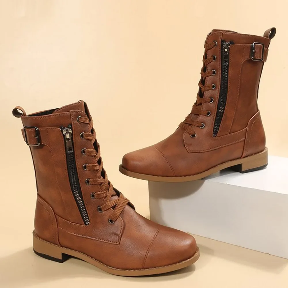 

Boots Women Autumn/winter New Tooling Boots Large Size Short Boots Thick Heel Knight Boots Boots Brown Leather Heels