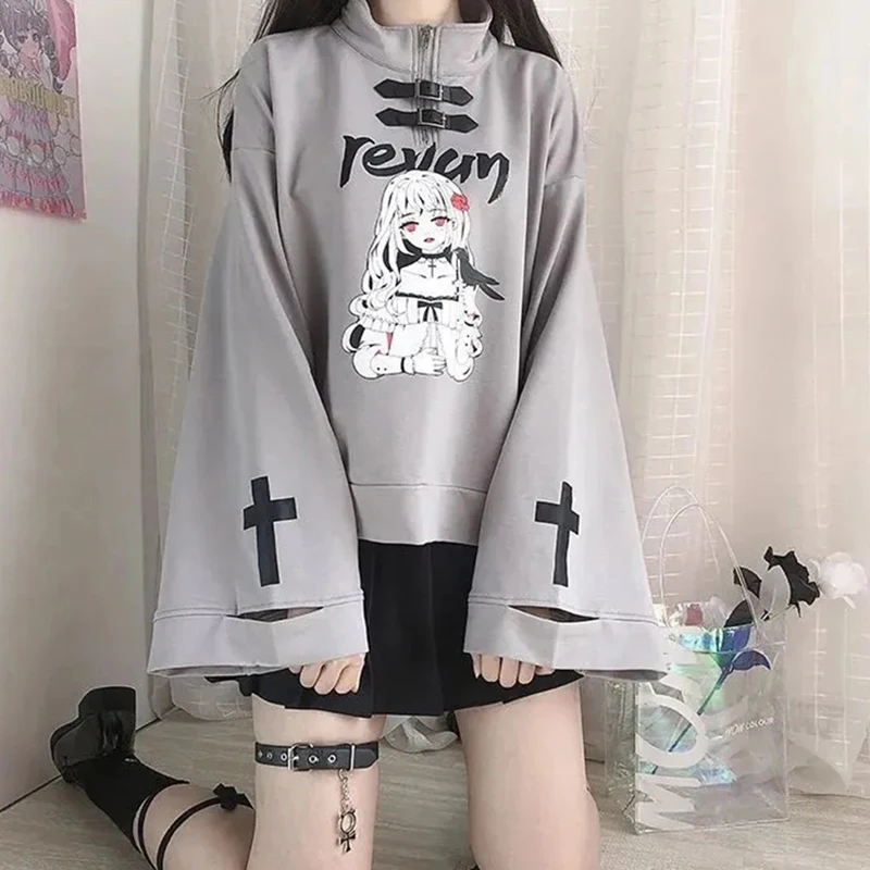 Gothic 2 Piece Set : Anime Print Bell Sleeve Sweatshirt +Black Jk Preppy Style Pleated Skirt Harajuku Lolita Japan Skirt Set