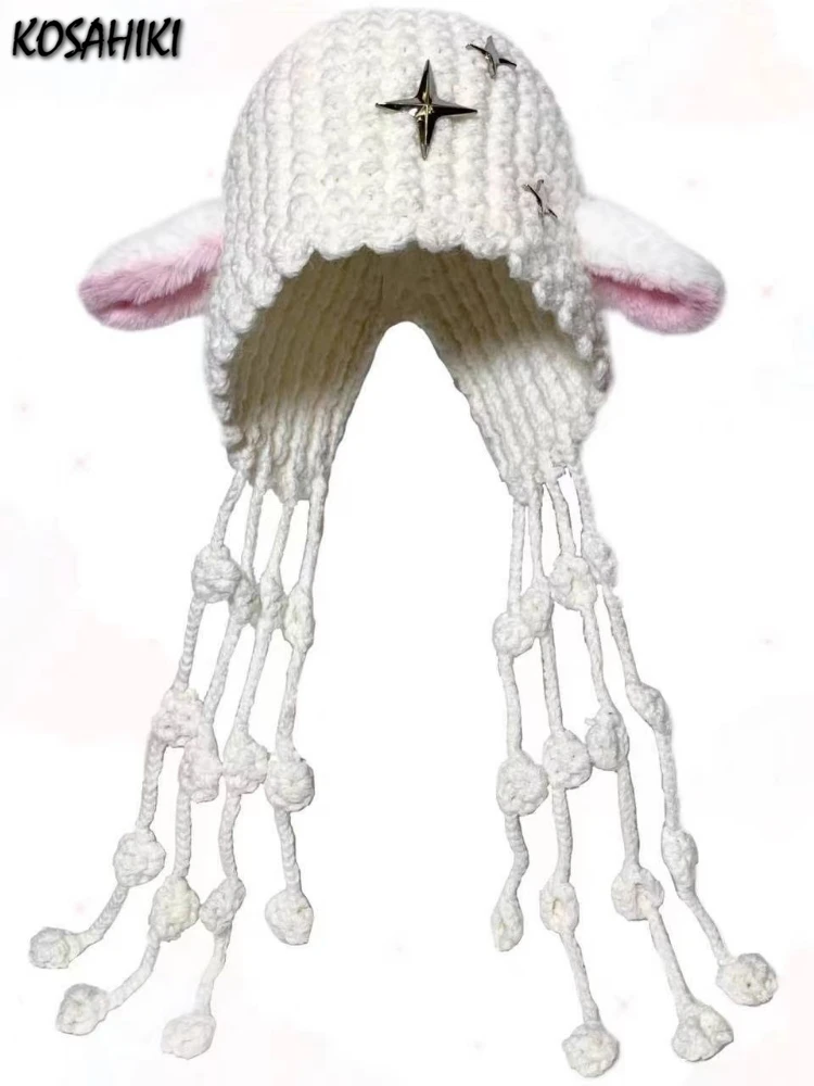 

2025 Autumn Knitted Cute Contrast Color Ear Hat Harajuku Kawaii Star Decorative Grunge Cap Y2k Aesthetic Irregular Tassels Hats